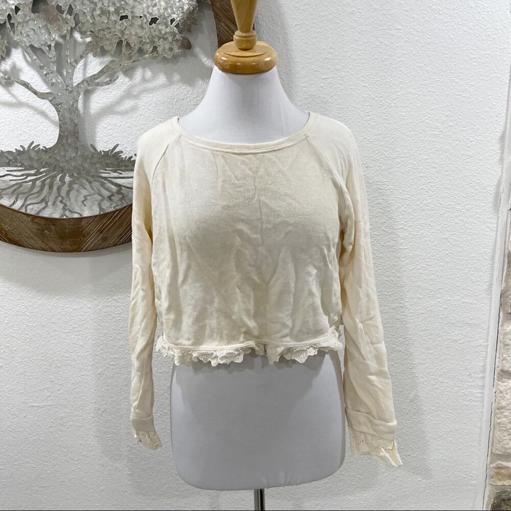 LoveShackFancy Crop Tie Dye Eyelet Ruffle Sweatshirt Yellow XS